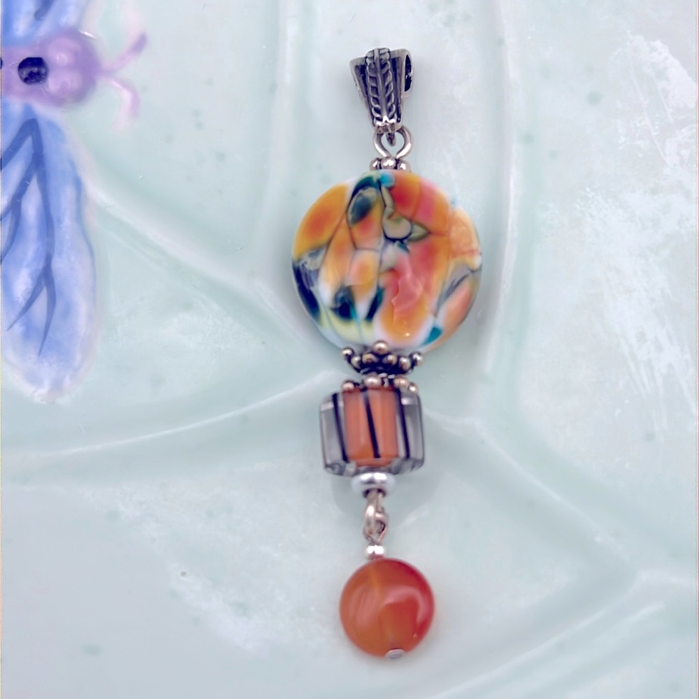 STERLING SILVER PENDANT ORANGE LAMPWORK ARTISAN CARNELIAN